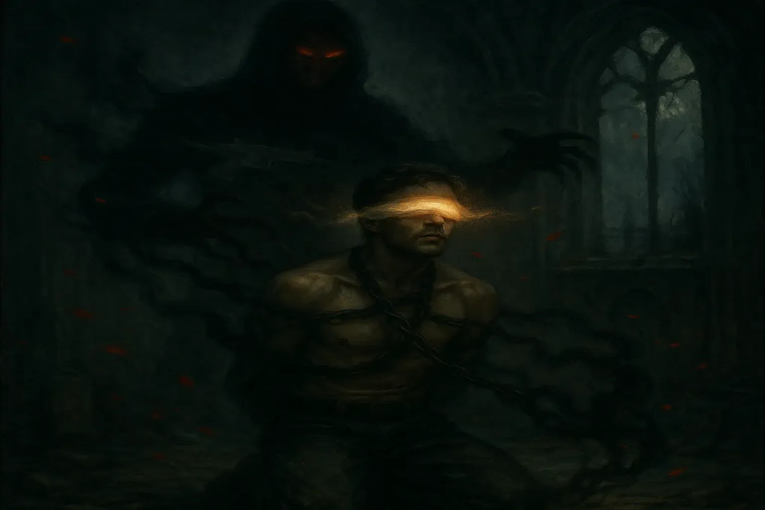 Shirtless man bound in chains and blindfolded by glowing light, shadowed by a demonic figure in a ruined cathedral