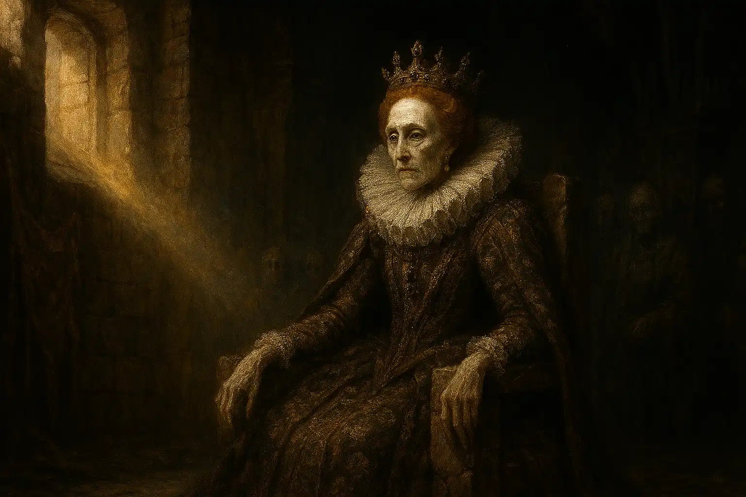 Withered Tudor queen, Elizabeth I, in a decaying throne room, bathed in cold light from a high window.