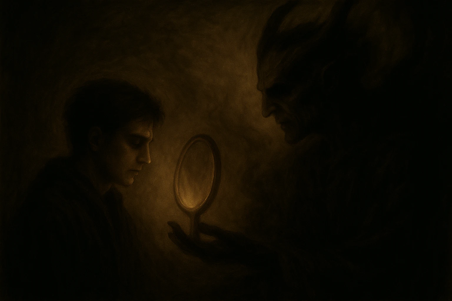 a young man and a horned demon face each other in a dimly lit scene, the demon offering a glowing hand mirror