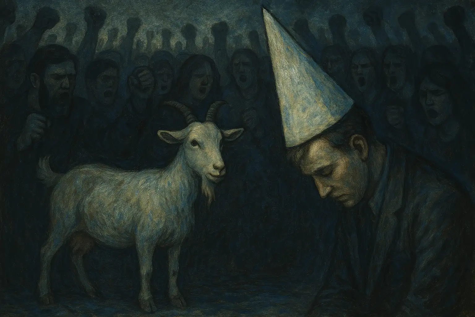 A brooding gothic painting showing a bowed man in a dunce cap beside a white goat, surrounded by a furious crowd in muted blue and gray tones, symbolizing public shaming and moral hypocrisy.