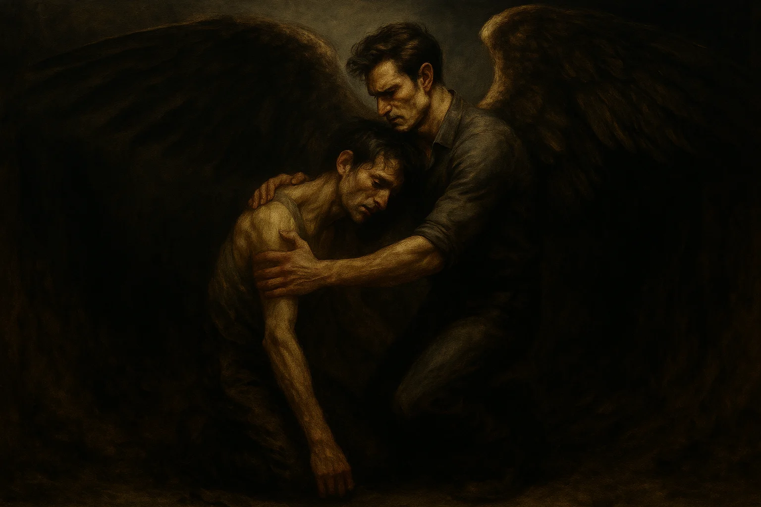 A winged man kneels to comfort another in a shadowed cavern, his dark angel wings spread wide as symbols of protection and redemption. The broken man leans into his embrace, surrounded by dim light and fallen chains that hint at liberation from pain.