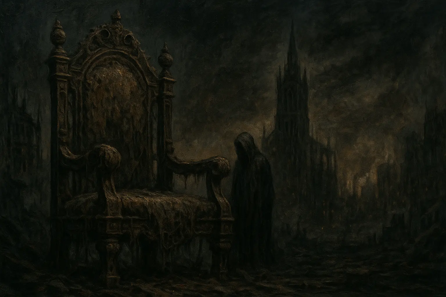 A decayed throne stands in the ruins of a dark city, shadowed by a towering cathedral beneath storm clouds, symbolizing greed, deception, and moral decay.