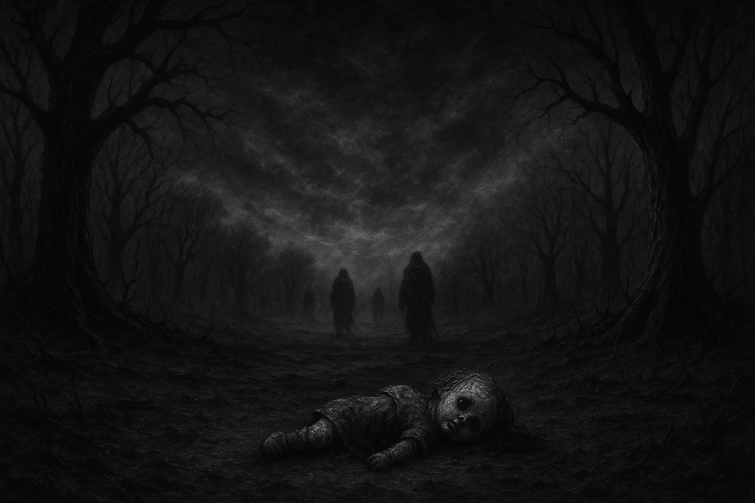 A shadowed child crouched in a rain-soaked forest, surrounded by mud and fading light.