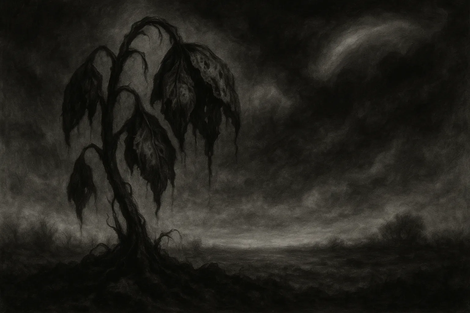 The First Whisper 12 A monochromatic gothic painting of a wilted, rotting plant rooted in cracked soil beneath a storm-darkened sky, with a faint rainbow breaking through the clouds—symbolizing decay, neglect, and a fragile yearning for hope.