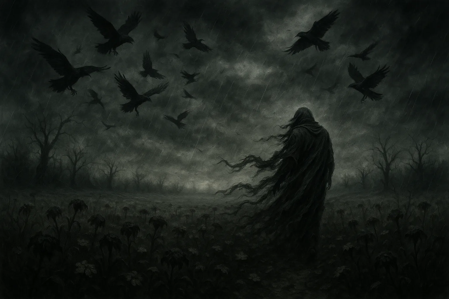 Dark figure cloaked in storm light stands among wilted flowers as crows circle overhead.