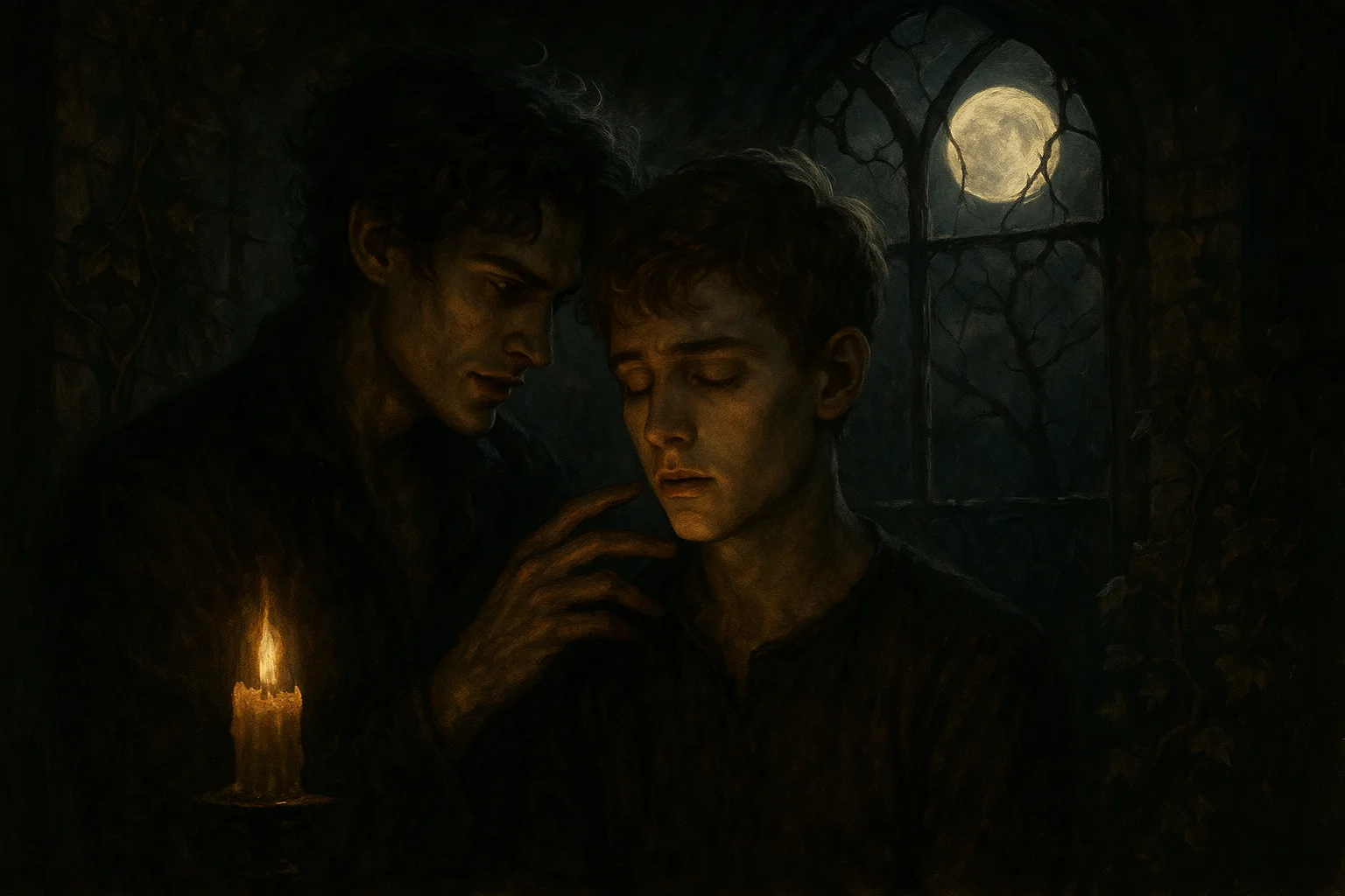 A haunting Gothic painting of two young men in a dim stone chamber; one with dark hair and a sinister gaze touches the other’s chest tenderly as candlelight glows between them, with moonlight filtering through a cracked arched window behind.