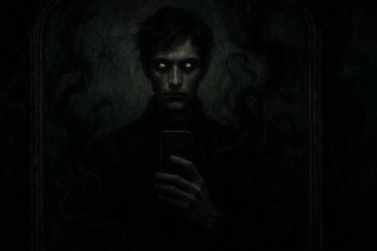 A haunting dark portrait of a man taking a selfie in a cracked mirror, his glowing eyes revealing a demonic presence.
