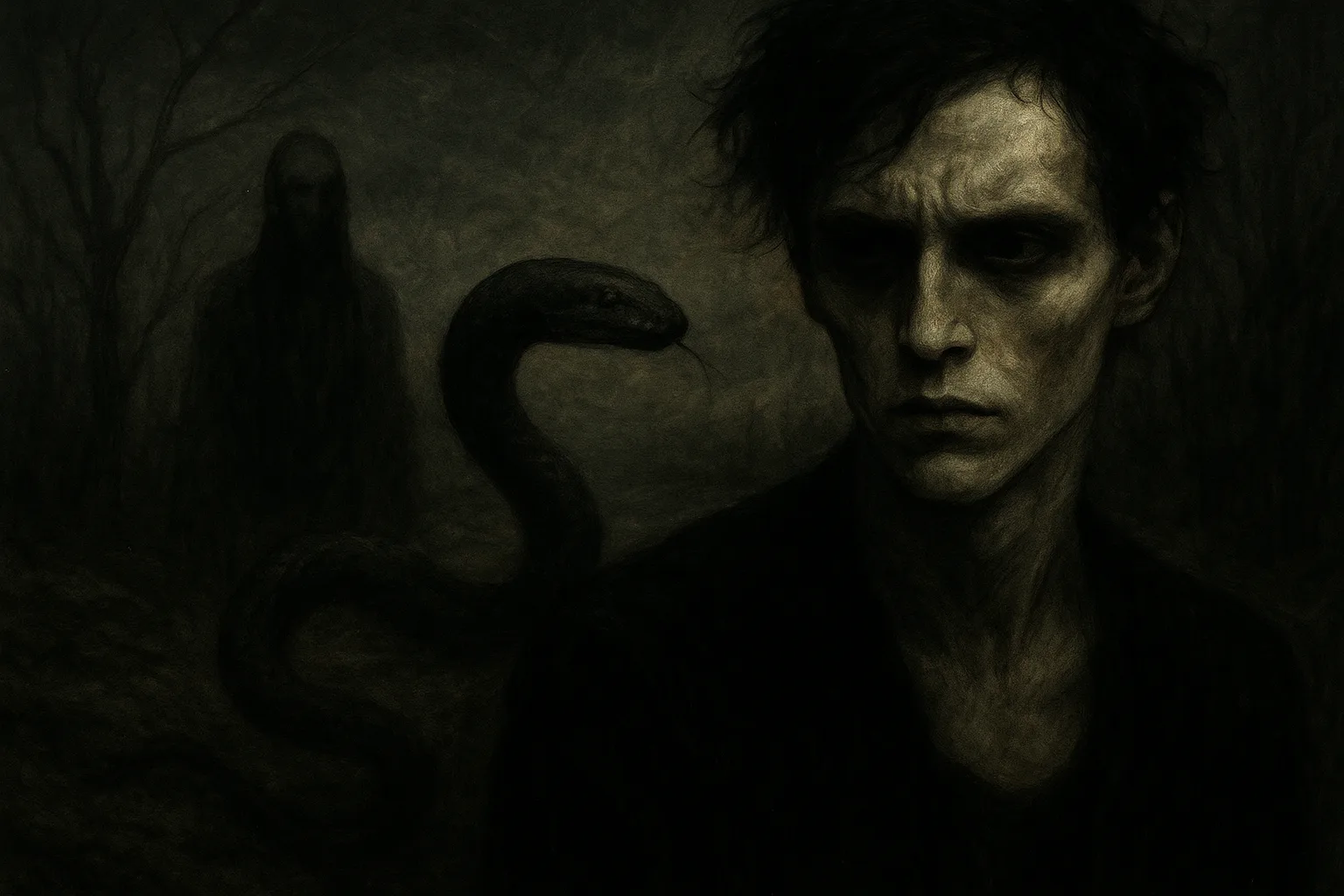 A pale, androgynous figure with hollow eyes stands in a dark, gothic forest while a shadowy snake coils behind them. In the distance, a masked silhouette emerges from the mist, evoking themes of betrayal and haunting identity. The image is painted in muted tones of black, gray, and brown.