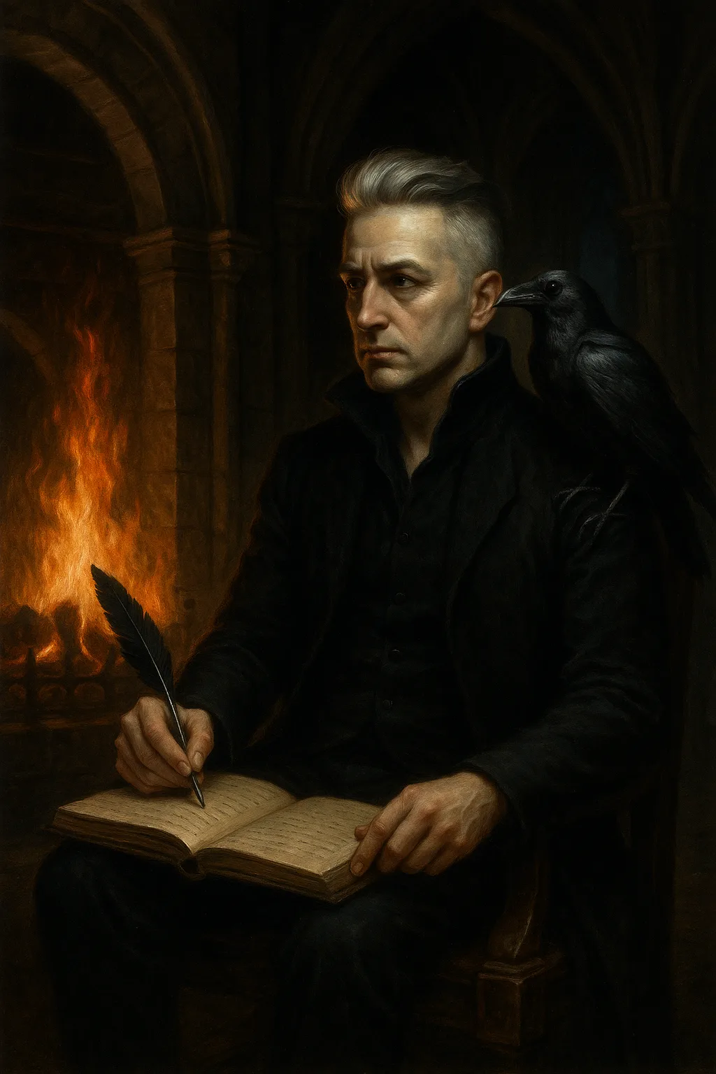 Gothic Reflection by the Fire A gothic man sits by firelight with a raven on his shoulder, writing in a journal with a quill.
