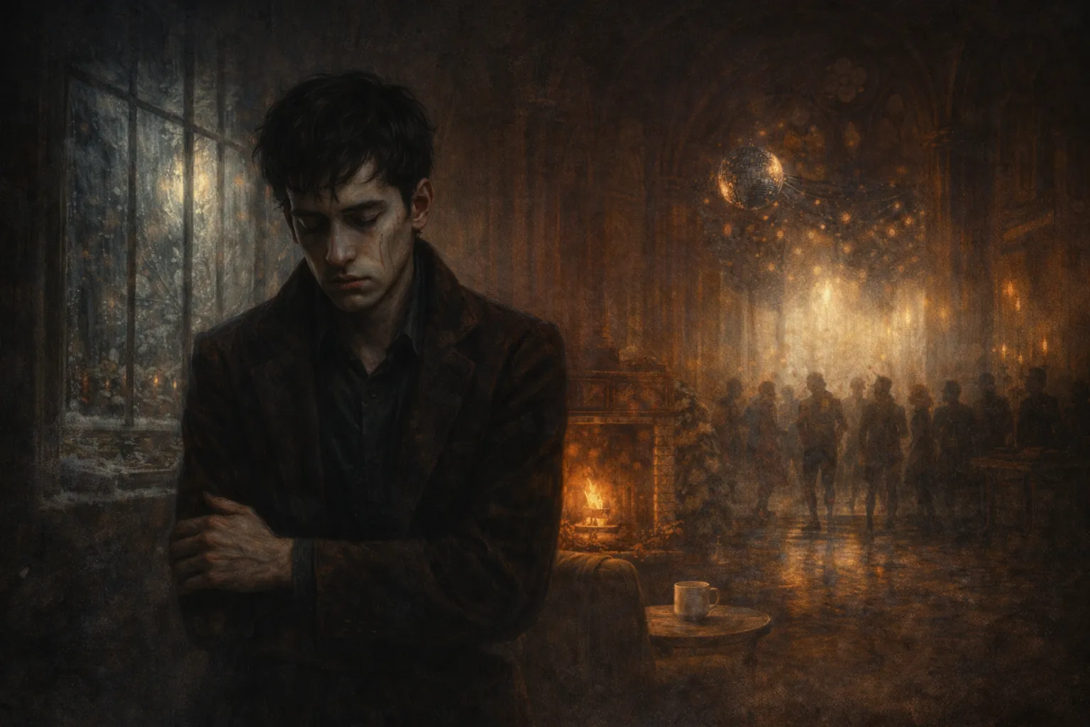 The First Whisper 1 A solitary man stands in shadow beside a cold window and dying fire, while a blurred dancefloor glows behind him like a distant memory.