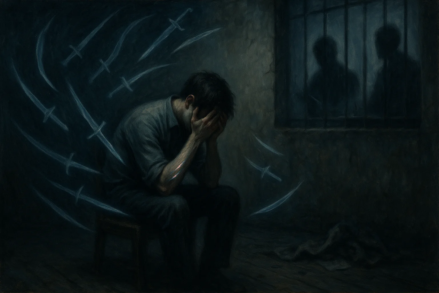 A man covers his face in anguish as blades float toward him; two shadowy figures watch through a barred window