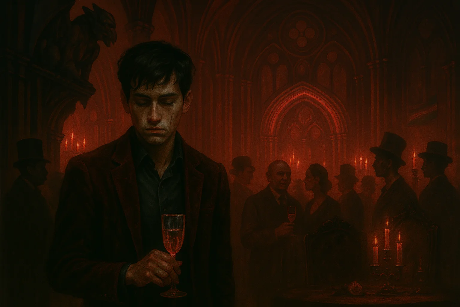 A solemn, scarred young man stands in a red-lit gothic ballroom holding a glass, while elites mingle in the shadows behind him