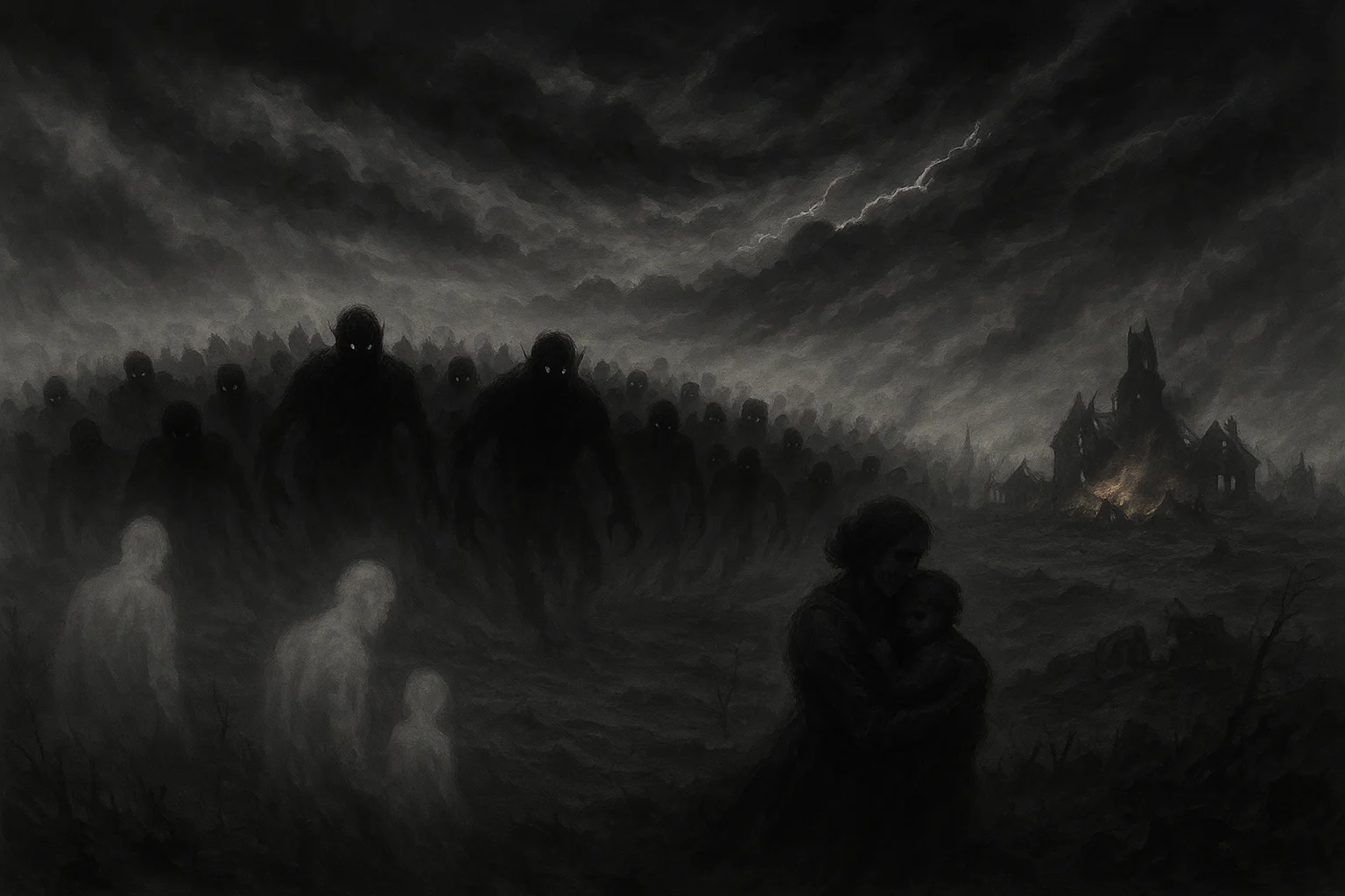 shadowy beasts with glowing eyes advance on a ruined land while a mother shields her child