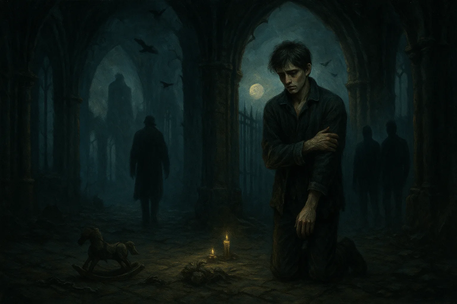 A kneeling young man in a dark ruined corridor, with candles and a rocking horse at his feet, watches a shadowy figure walk away