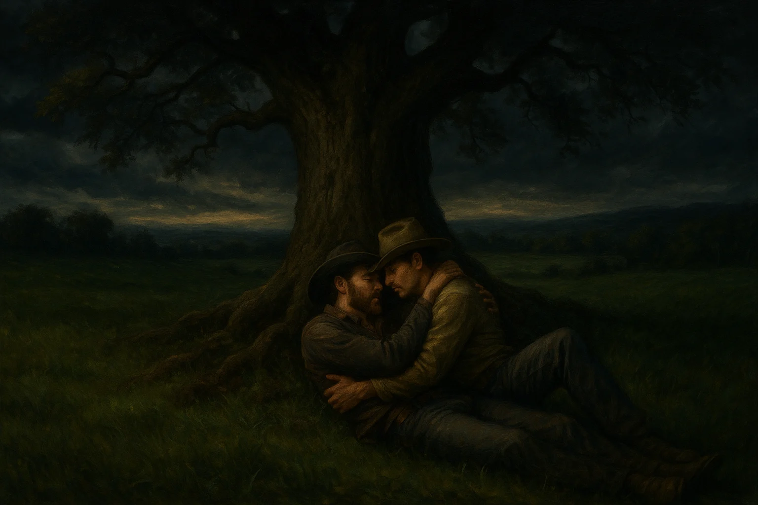 two cowboys embrace tenderly beneath a large oak tree at dusk