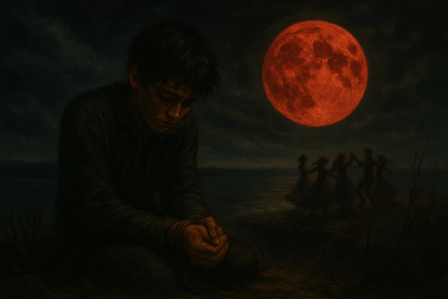 A boy with bound hands kneels alone beneath a red moon, while distant figures dance along the shoreline.