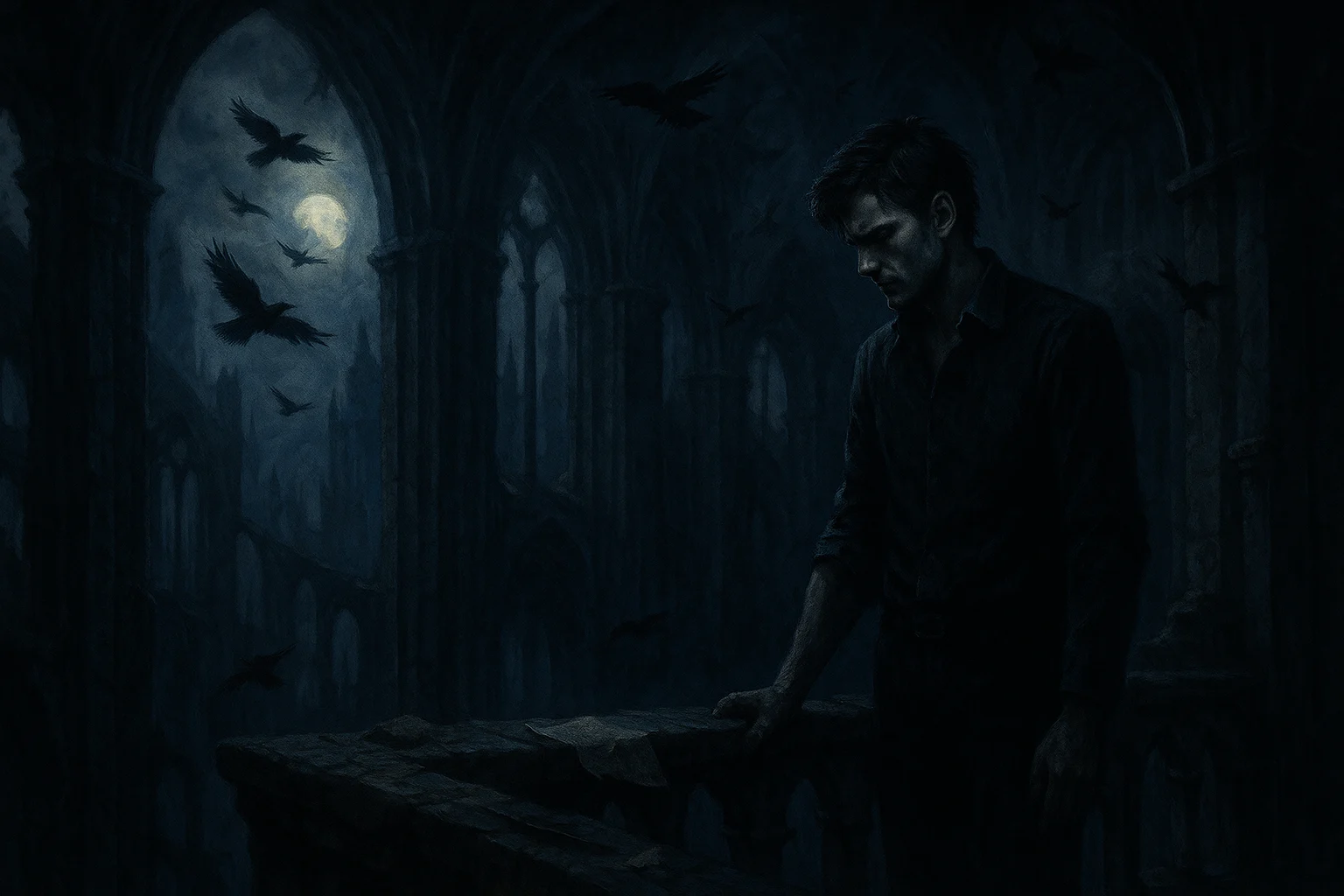 A solemn man stands in a gothic ruin beside scattered letters as ravens circle under a full moon