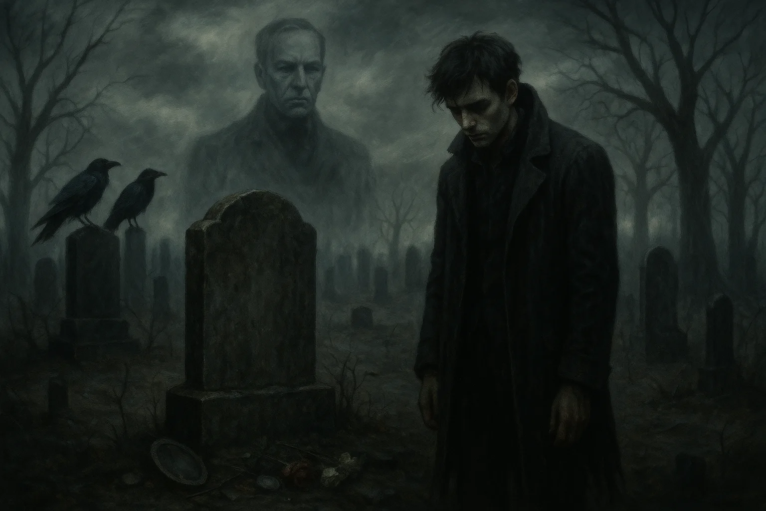 The First Whisper 7 grieving man stands at grave as ghostly father watches from the mist