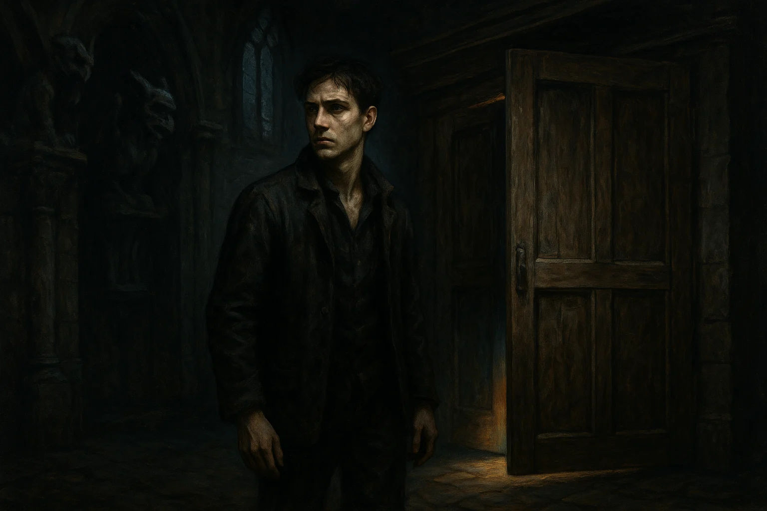 A solemn young man stands near an open wooden door in a gothic hallway, lit by a faint glow behind him