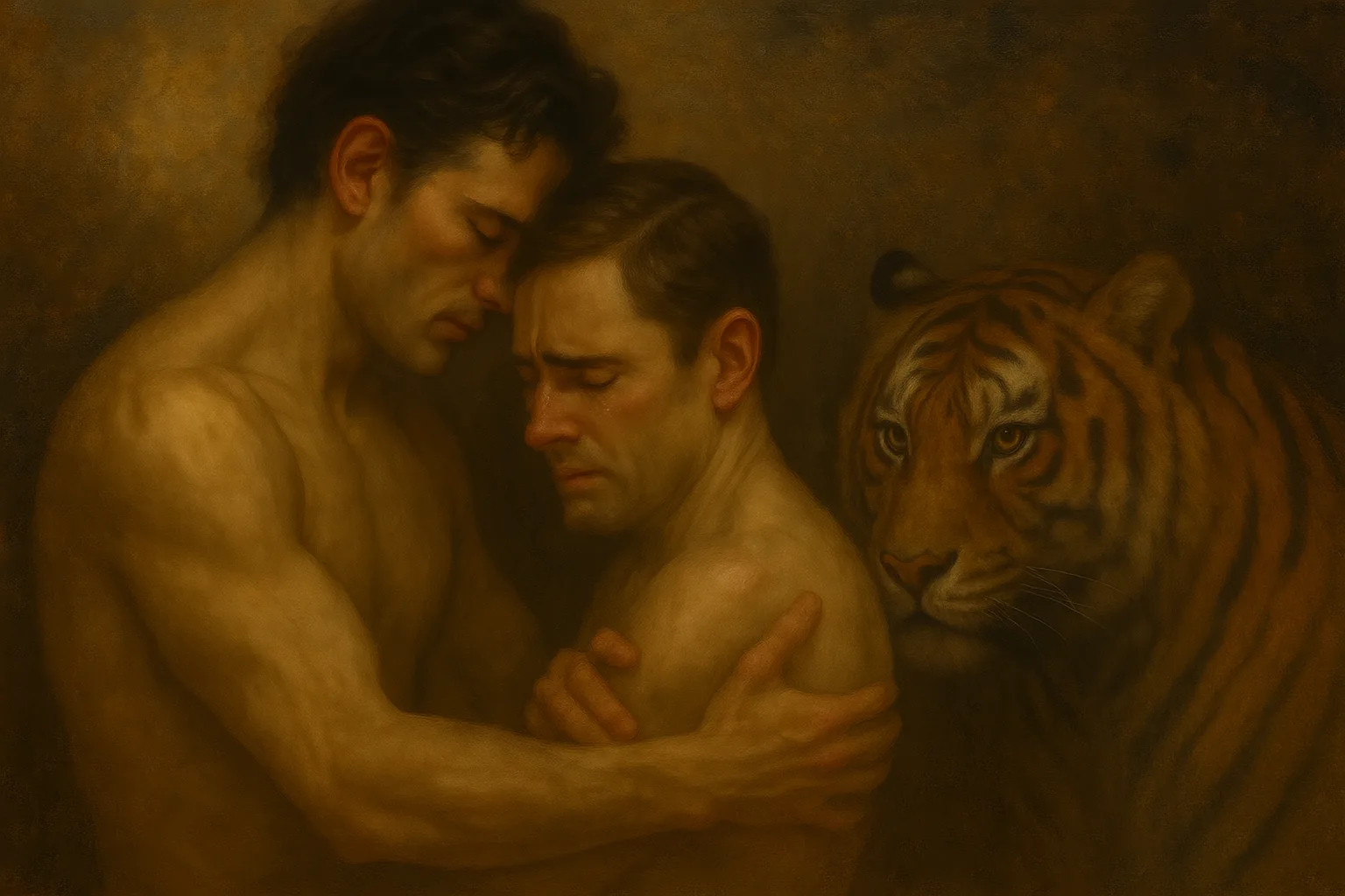 Two men embrace tenderly in warm light as a tiger watches beside them with calm strength