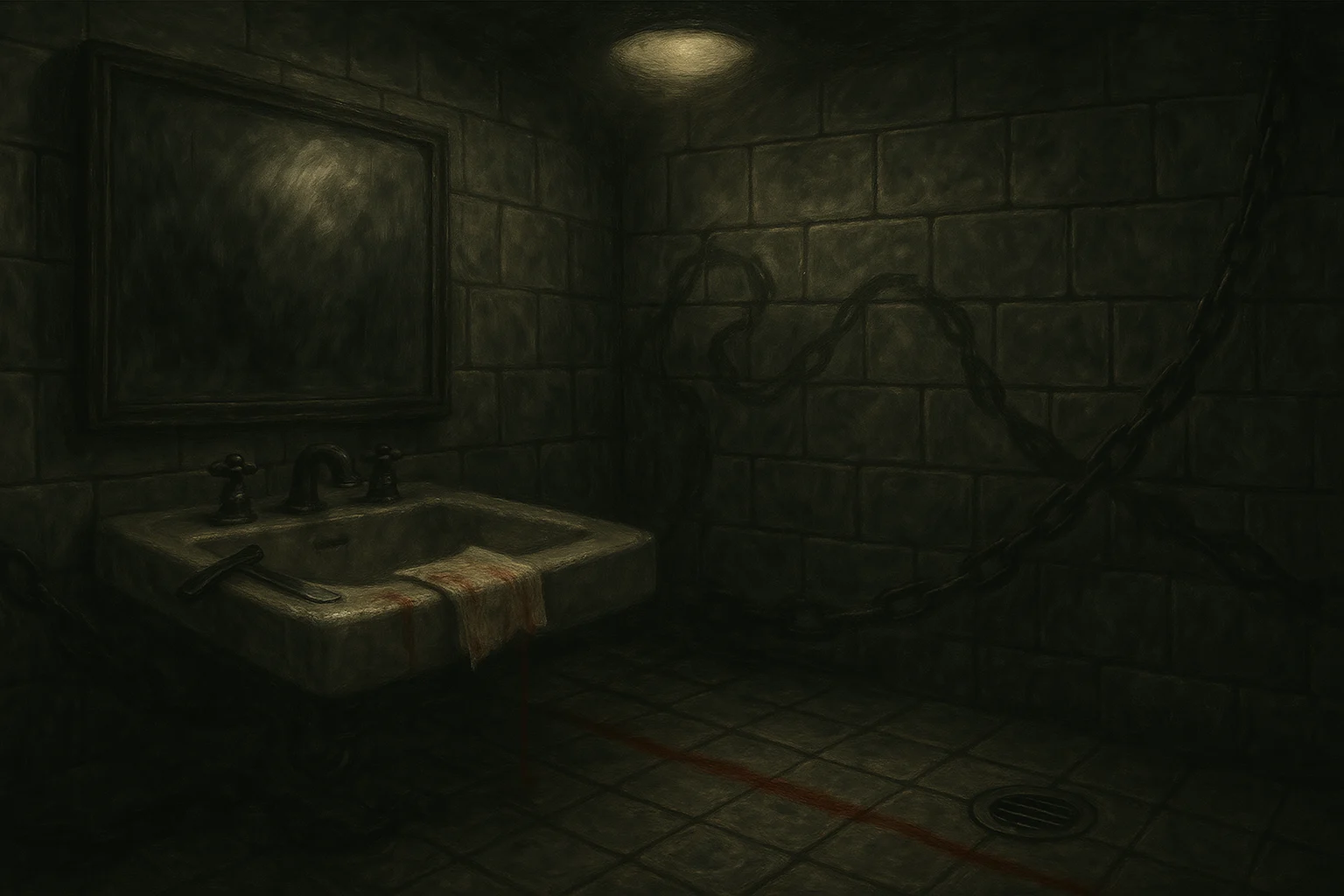 Blood-streaked sink in dim, tiled bathroom with chains and a shadowy mirror above
