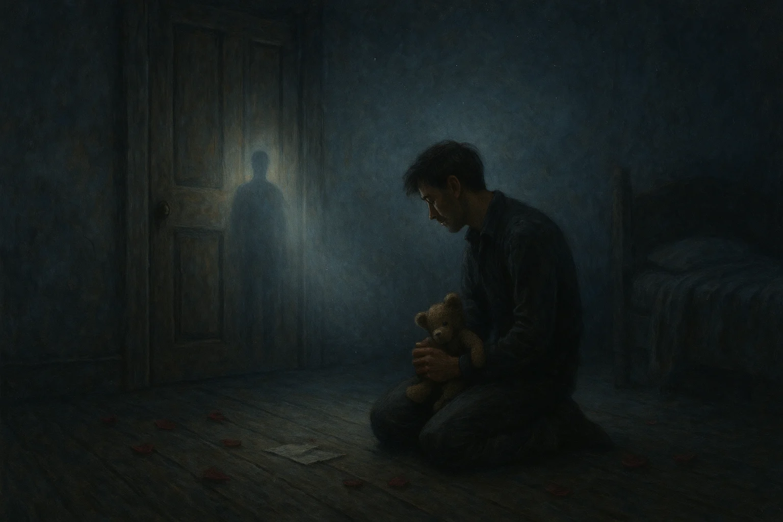 Young man kneels in a dark bedroom clutching a teddy bear, facing a closed door with a ghostly silhouette behind it