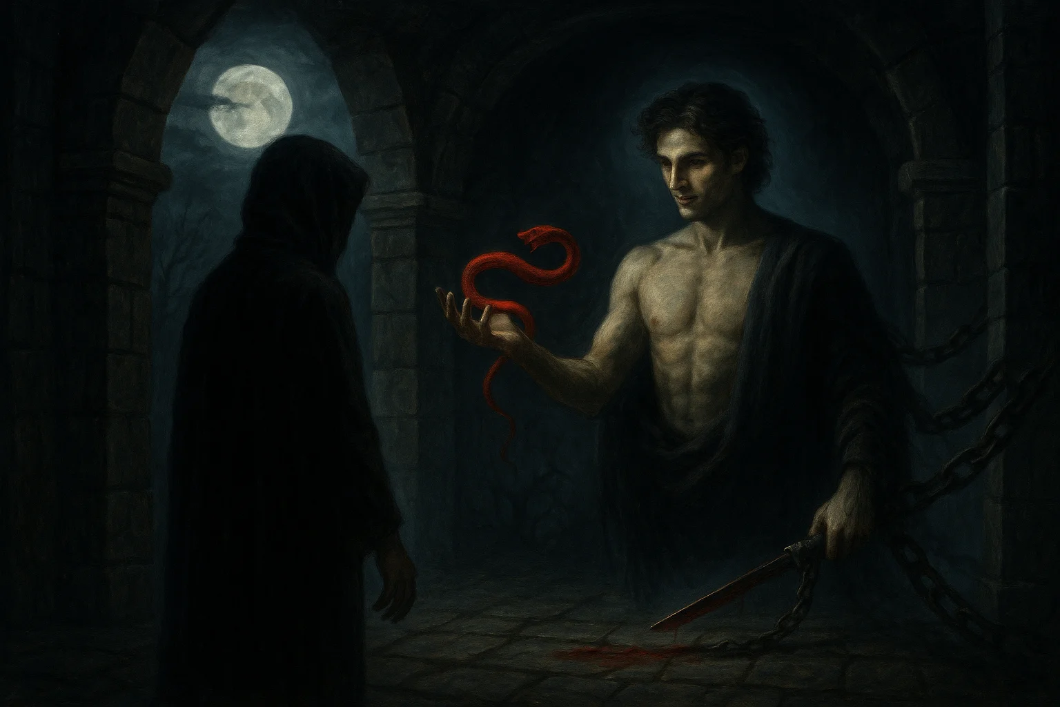 Shirtless man offers red serpent in shadowed ruin while cloaked figure faces him under full moon