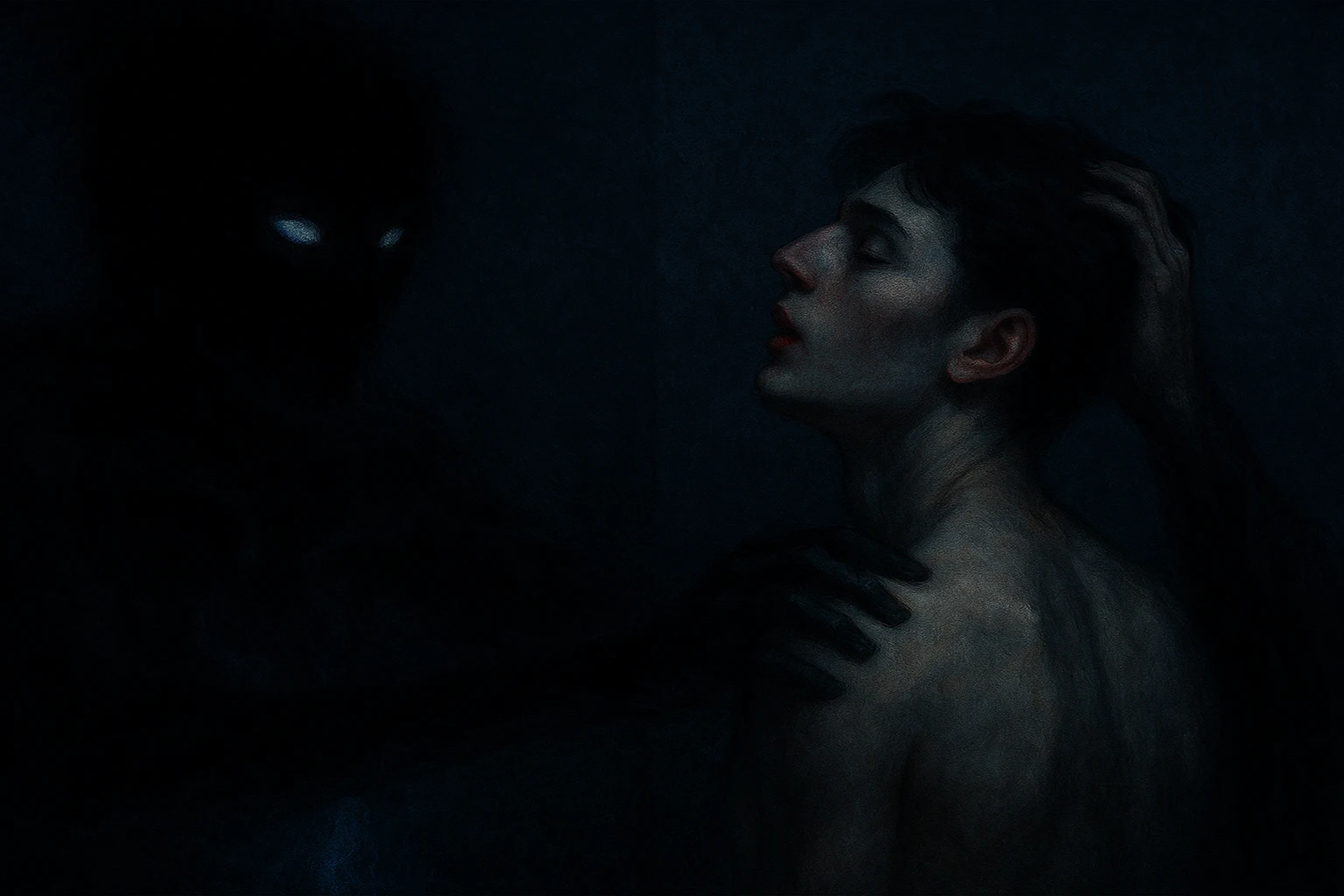 A pale young man with closed eyes leans into the touch of a shadowy figure with glowing eyes in the darkness.