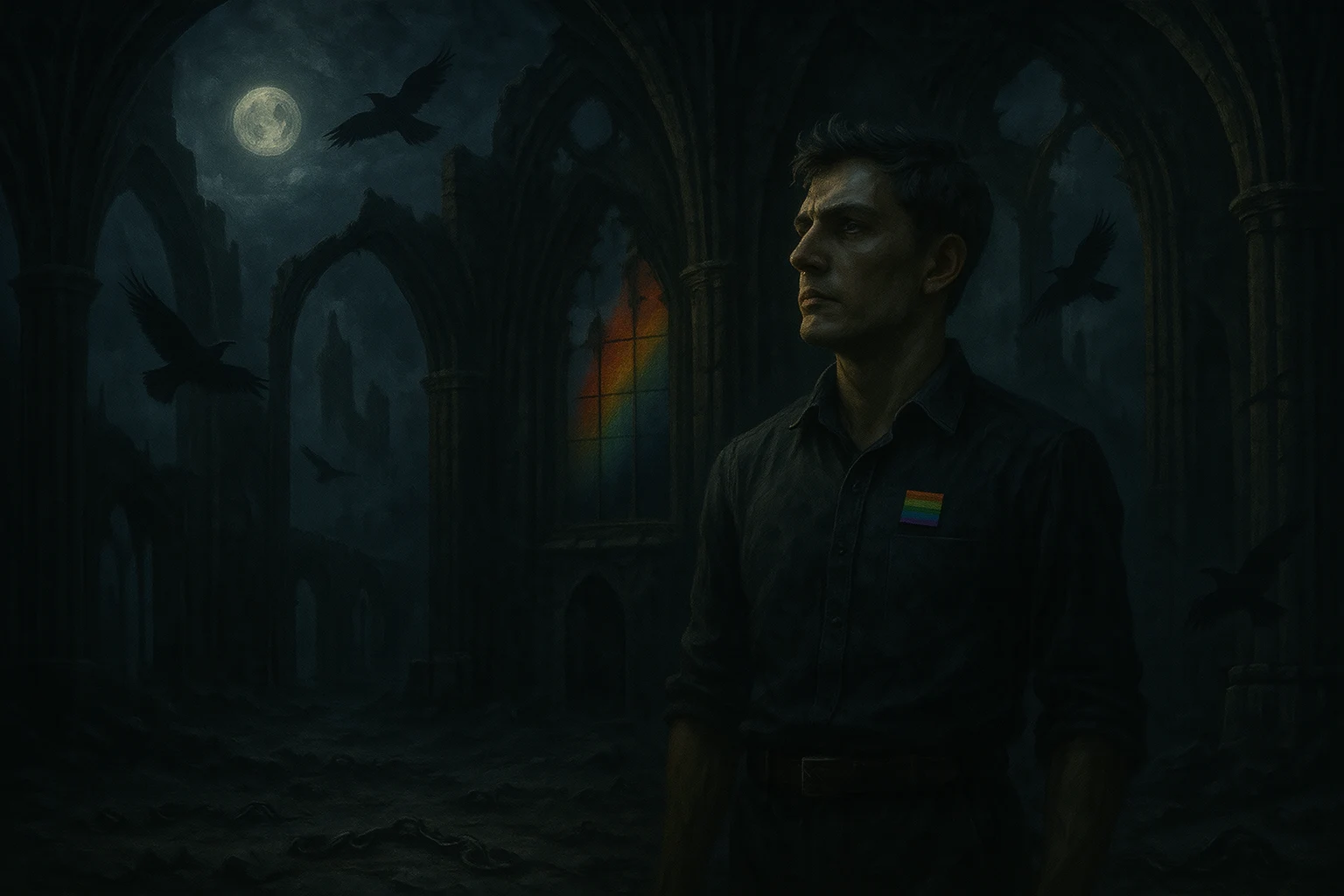 A solemn man wearing a rainbow badge stands in the ruins of a gothic cathedral, as ravens circle beneath a moonlit sky