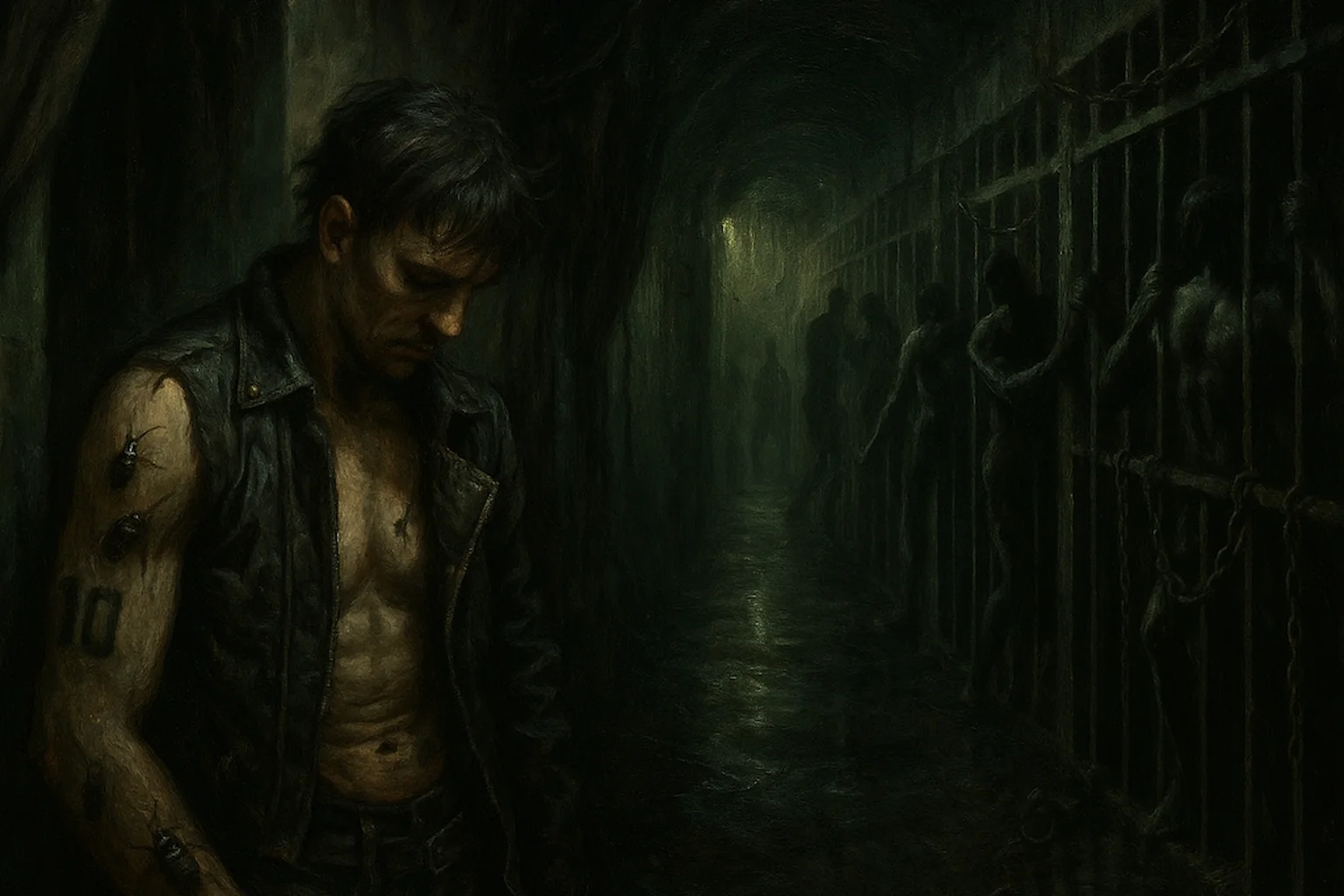 Shirtless man in leather stands in a shadowed dungeon corridor lined with chained, naked figures