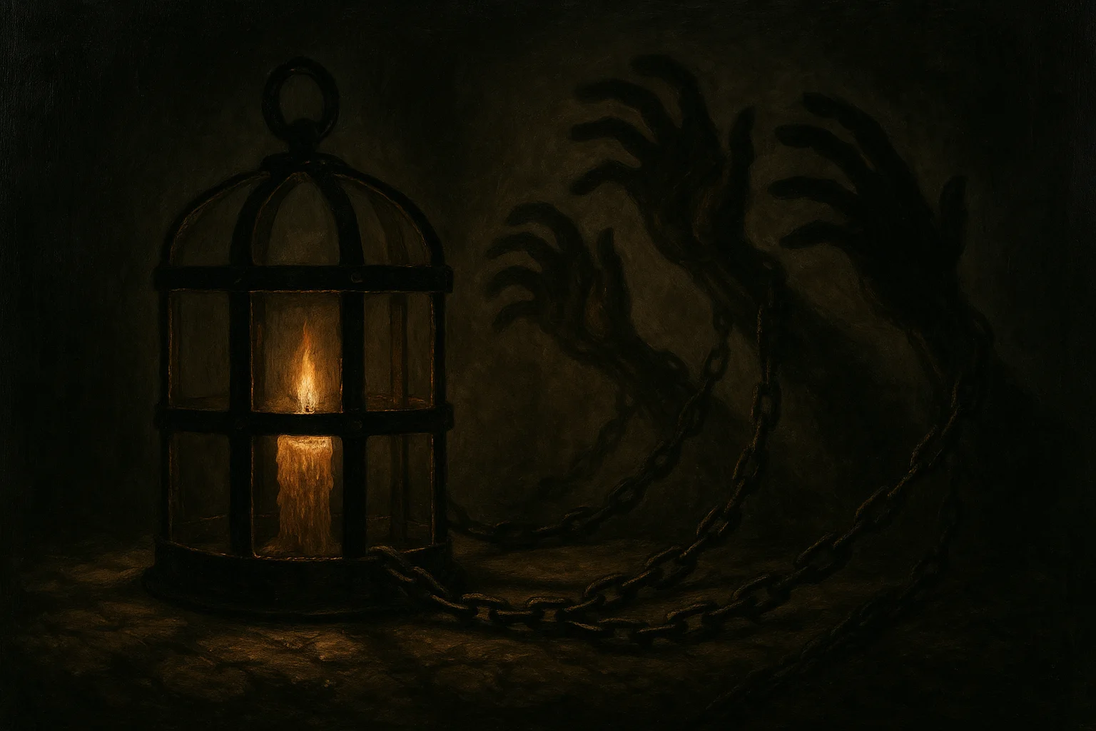 Candle burning inside a cage with chained shadows of grasping hands reaching from the dark