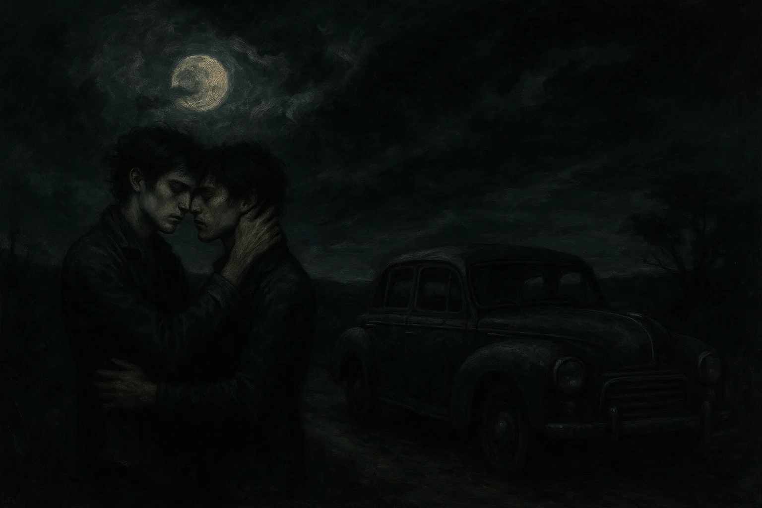 The First Whisper 3 two young men embracing under a moonlit sky beside a vintage car on a deserted road
