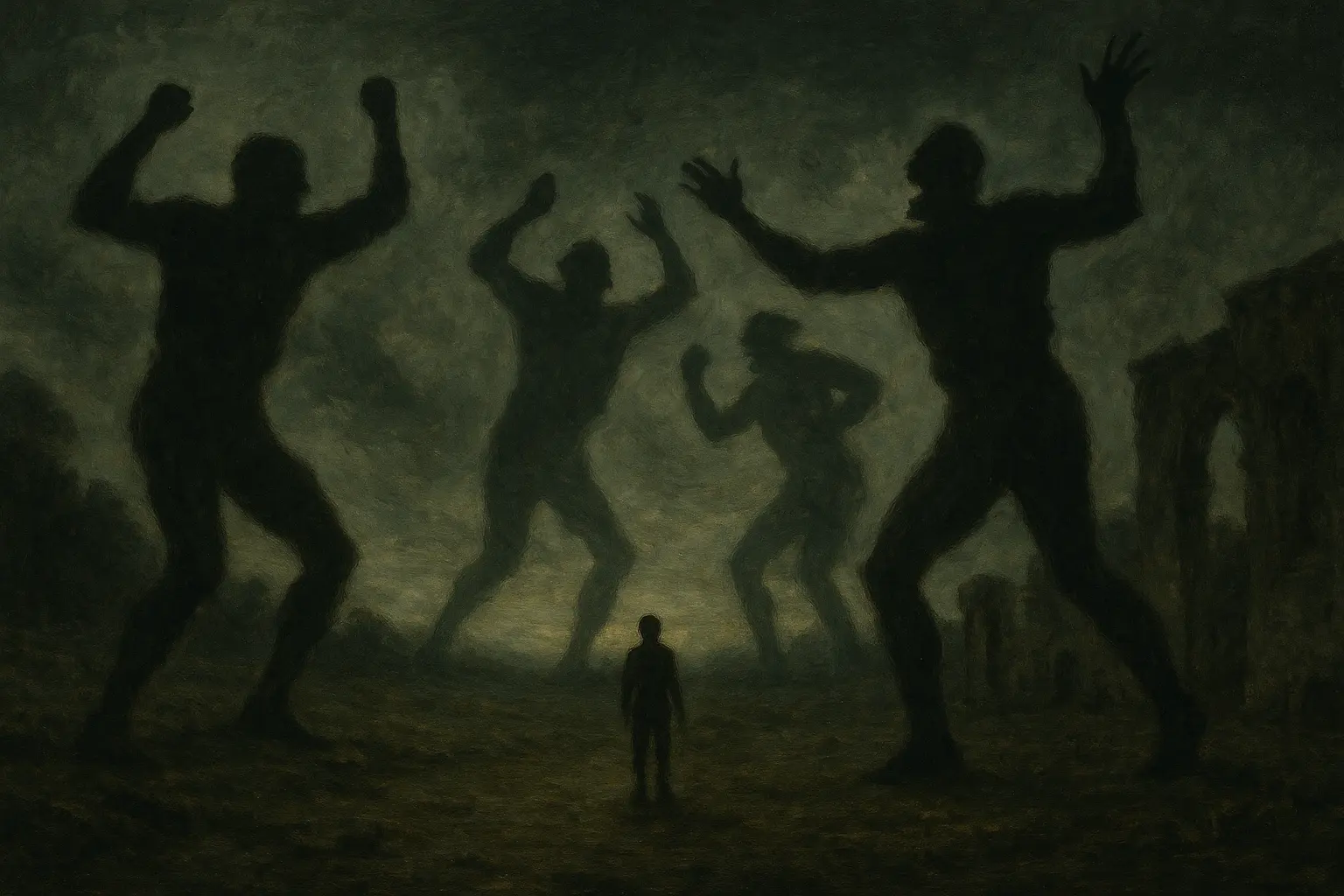 Small figure stands surrounded by towering shadowy giants in a desolate, smoky landscape