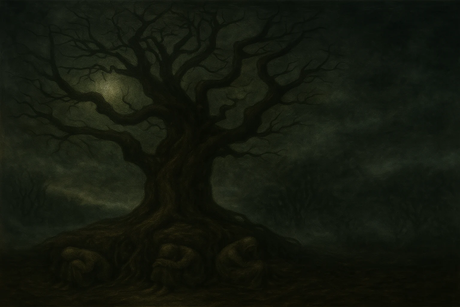 The First Whisper 9 Gnarled black tree with hunched, cloaked figures rooted into its twisted base under a stormy sky