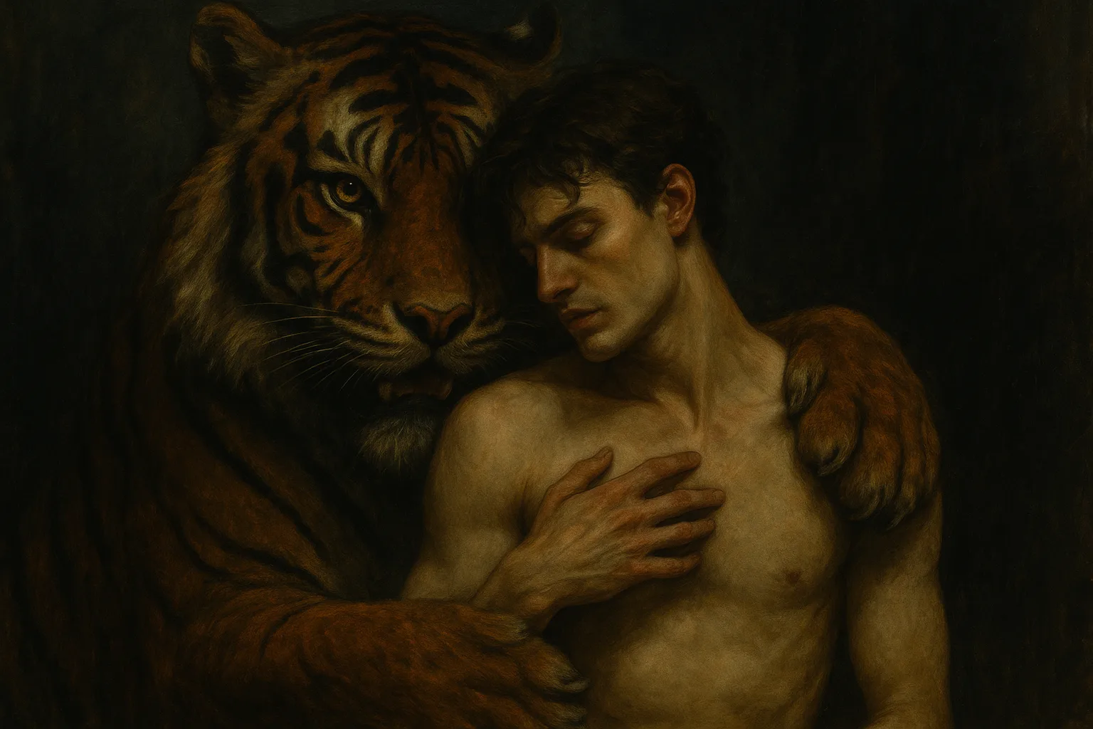 The First Whisper 8 shirtless man embraced by a tiger in a dark, intimate scene