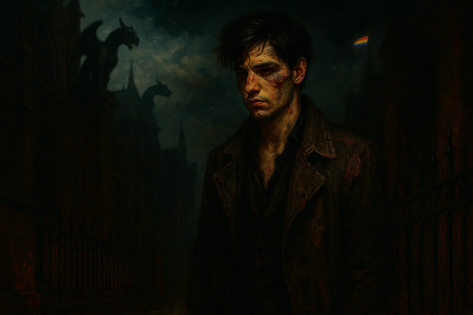 A bruised young man stands in a dark gothic street under gargoyles, with a distant rainbow flag flying above