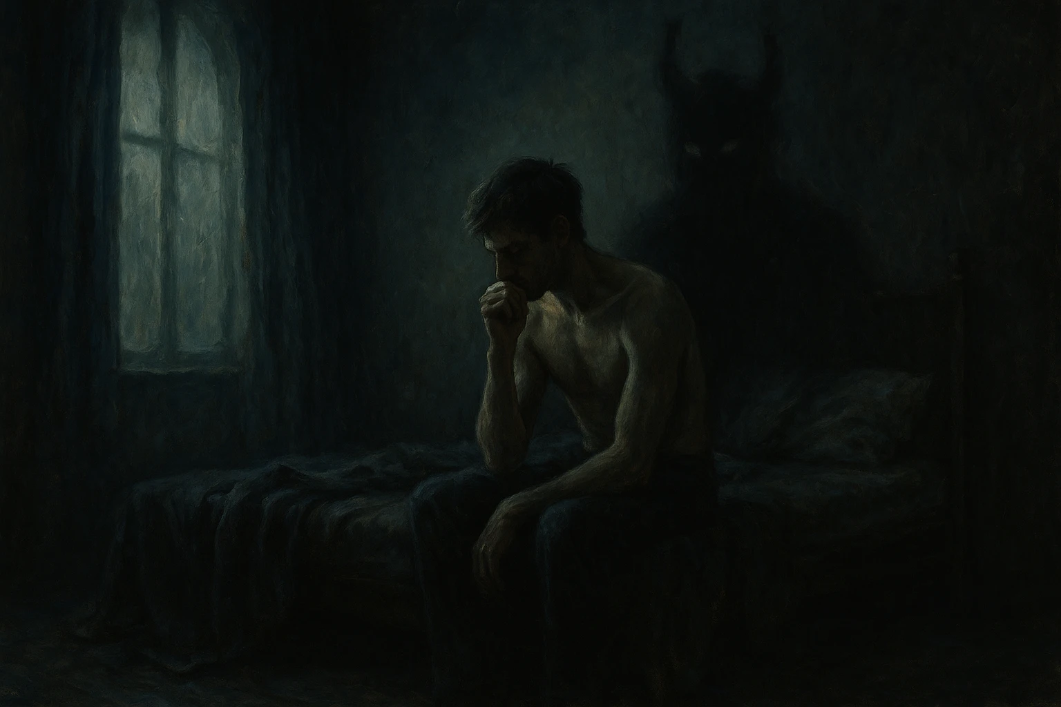 Shirtless man sits on bed in darkness, haunted by a horned shadow looming behind him