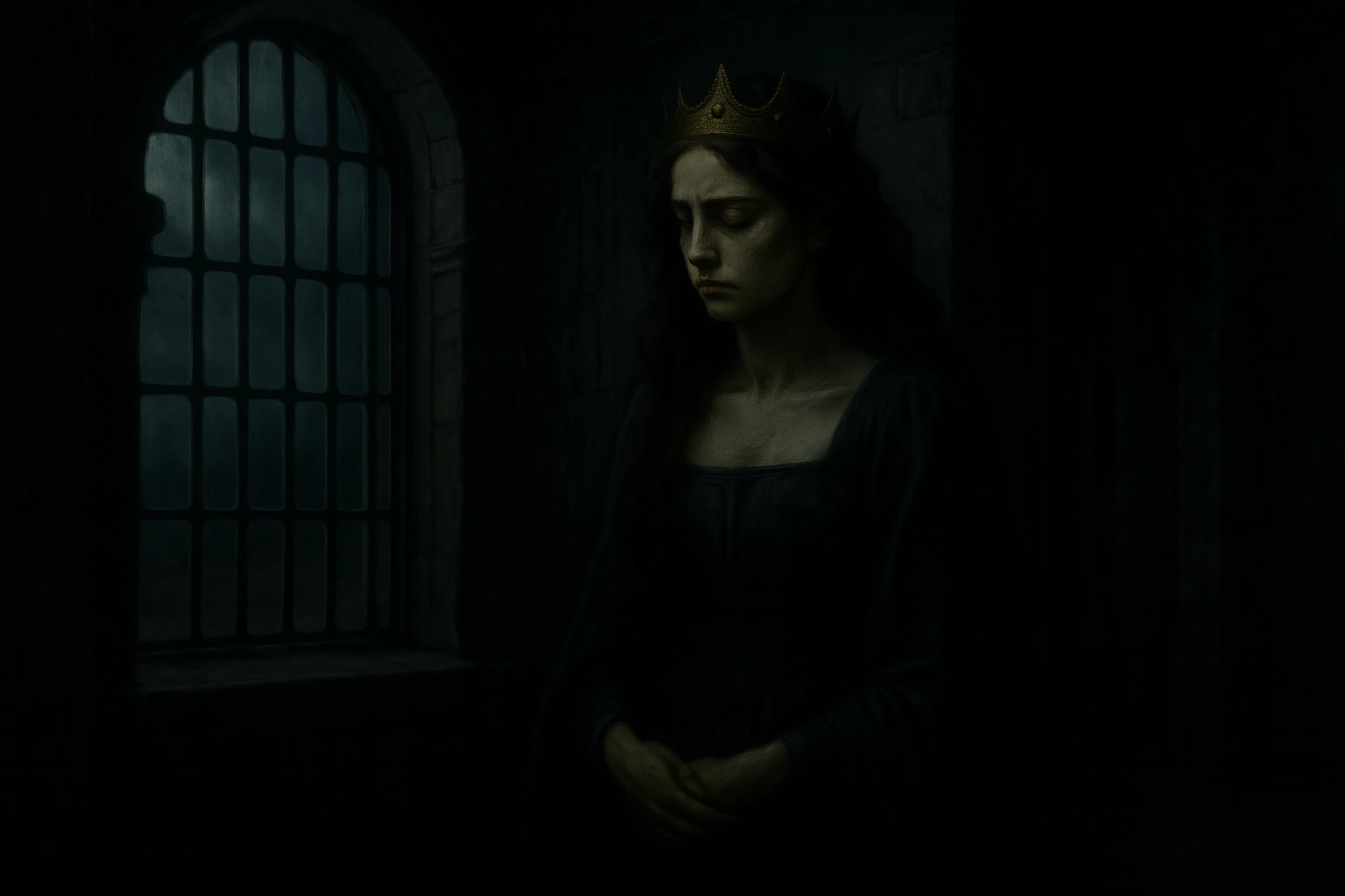 A sorrowful crowned woman stands in shadow before a barred window inside a dark stone fortress.