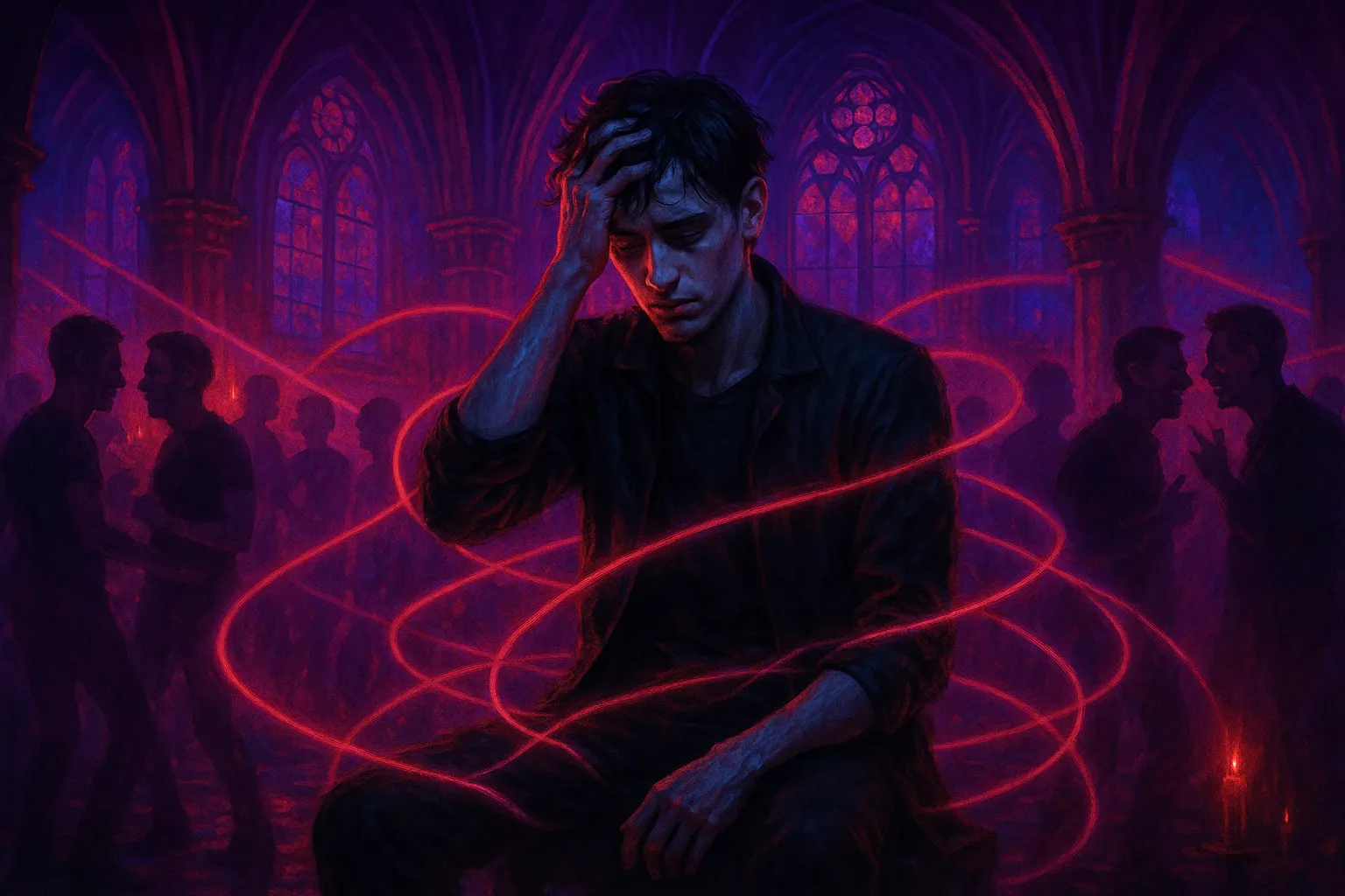 A distressed young man sits in a gothic nightclub as red neon tendrils wrap around him, surrounded by dancing and gossiping silhouettes