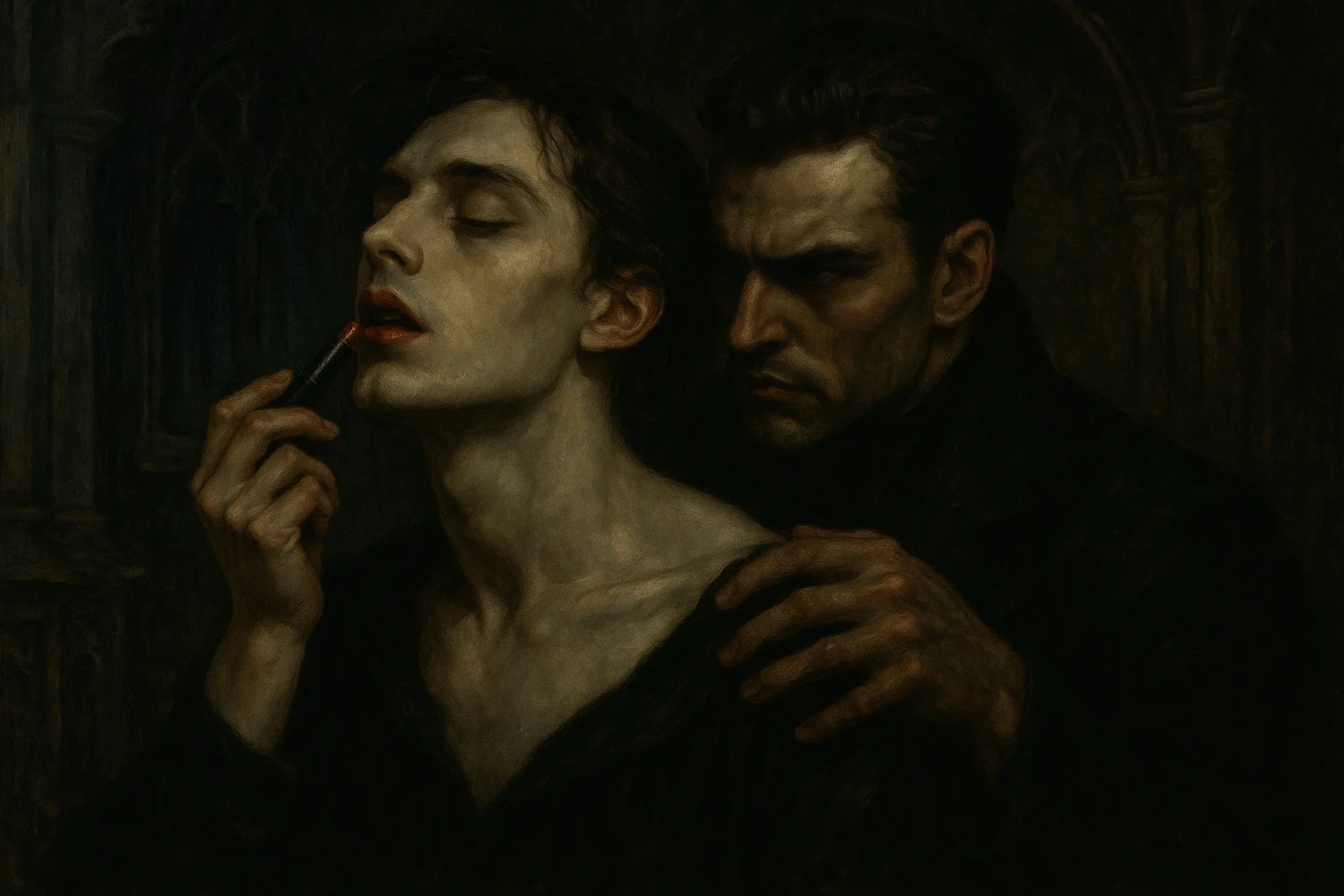 A pale young man applies lipstick as a dominant figure grips his shoulder from behind in a dim gothic room.