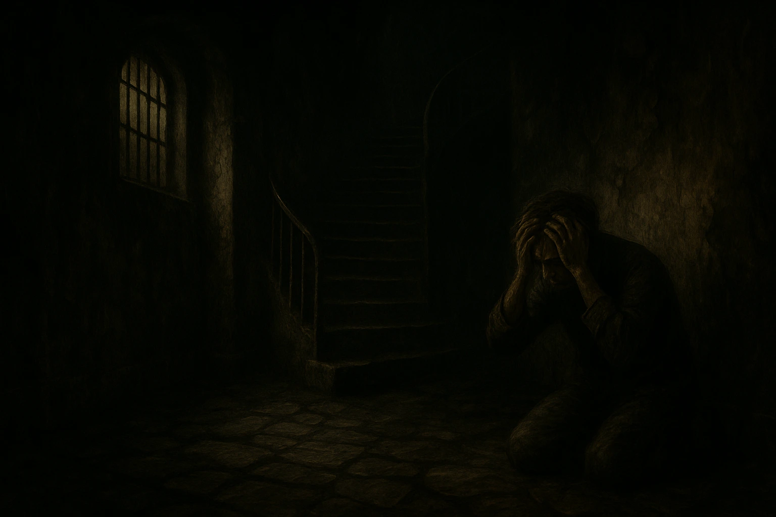 The First Whisper 2 A man clutches his head in despair inside a dark, vaulted corridor lined with gothic arches and shadows.