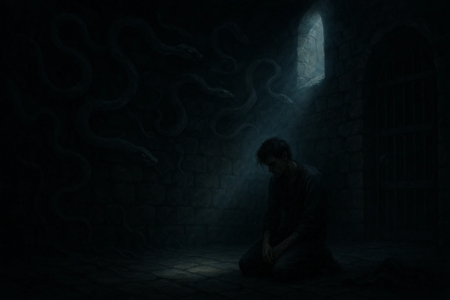 A man kneels alone in a stone prison cell as serpents slither from the walls and dim light shines from above
