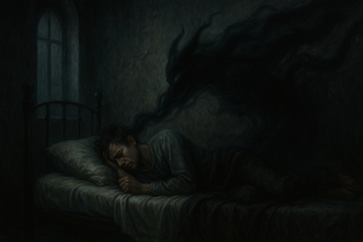 The First Whisper 6 shadowy demon emerges from wall and enters sleeping man's head in dark gothic room