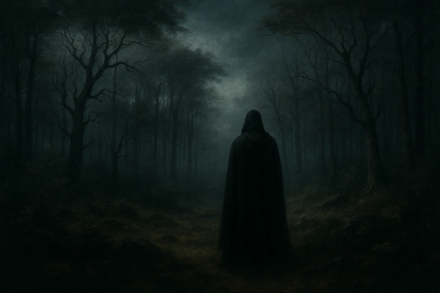 Hooded figure stands in a moonlit forest clearing, cloaked in shadows