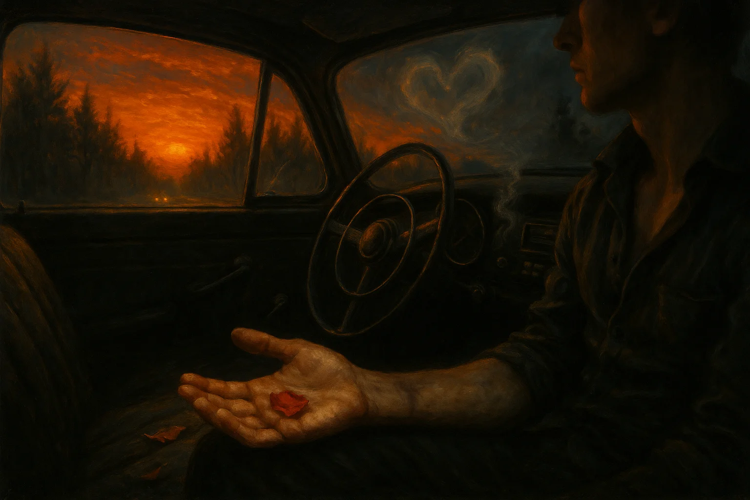 The First Whisper 10 A man sits in a car at sunset holding a rose petal, with a heart-shaped smoke trace on the window beside him
