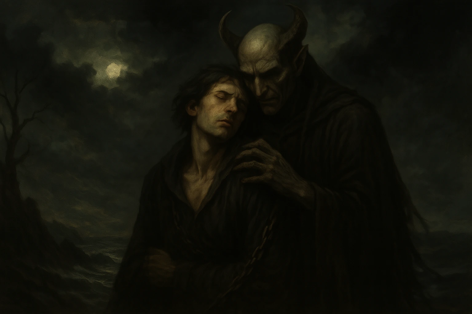 A chained man leans into a horned figure cloaked in darkness by a stormy sea