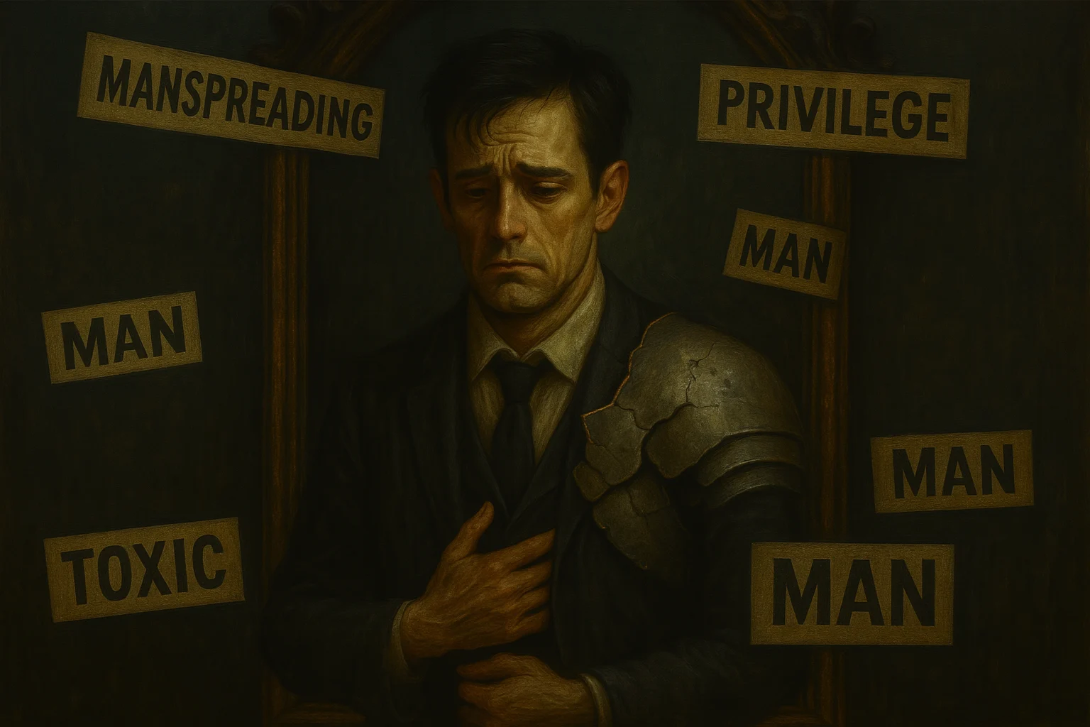 A solemn man in cracked armor stands before a gothic mirror, surrounded by labels like “manspreading,” “privilege,” and “toxic”