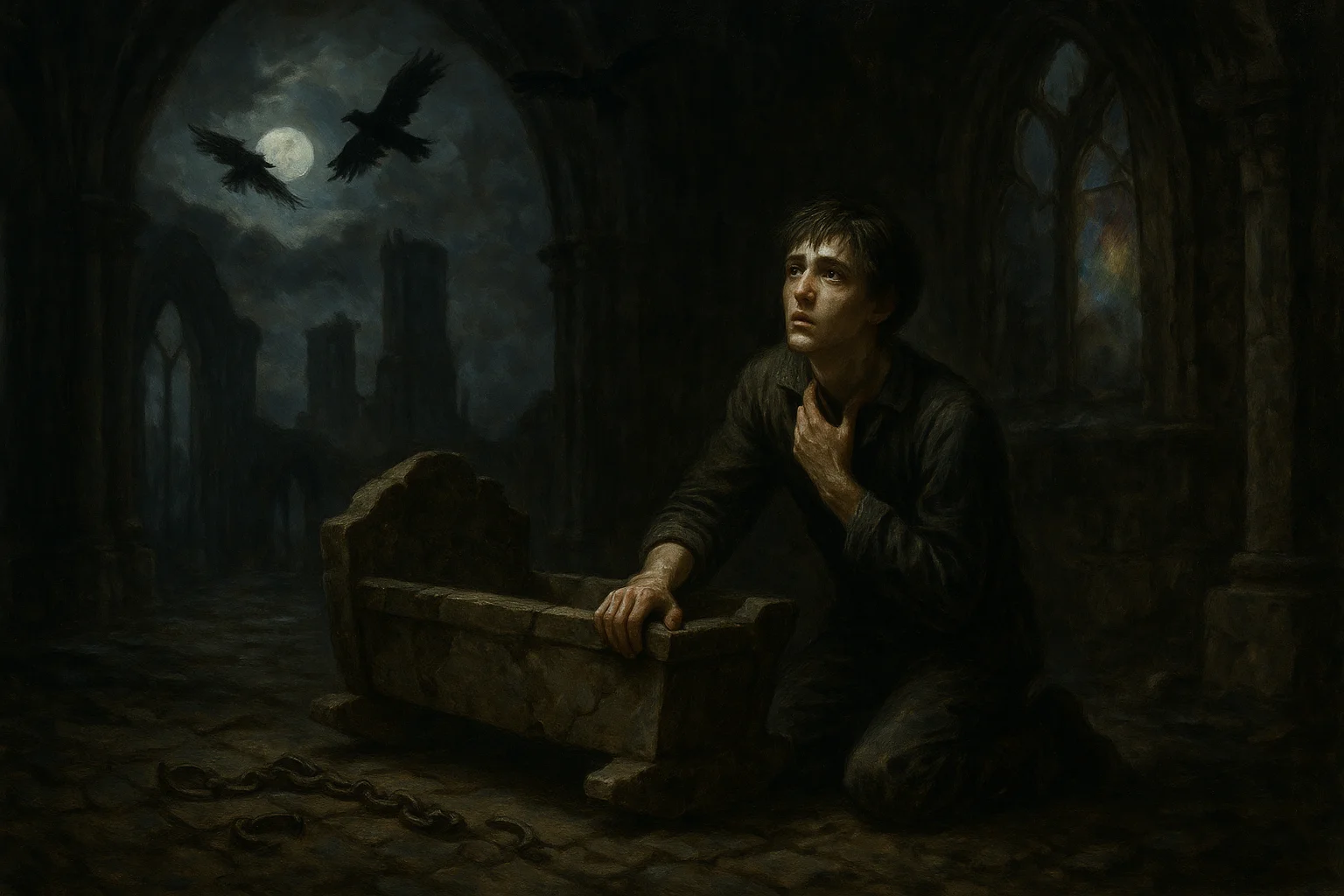 The First Whisper 4 A kneeling figure clutches their throat beside a stone cradle and broken chains in a moonlit ruin