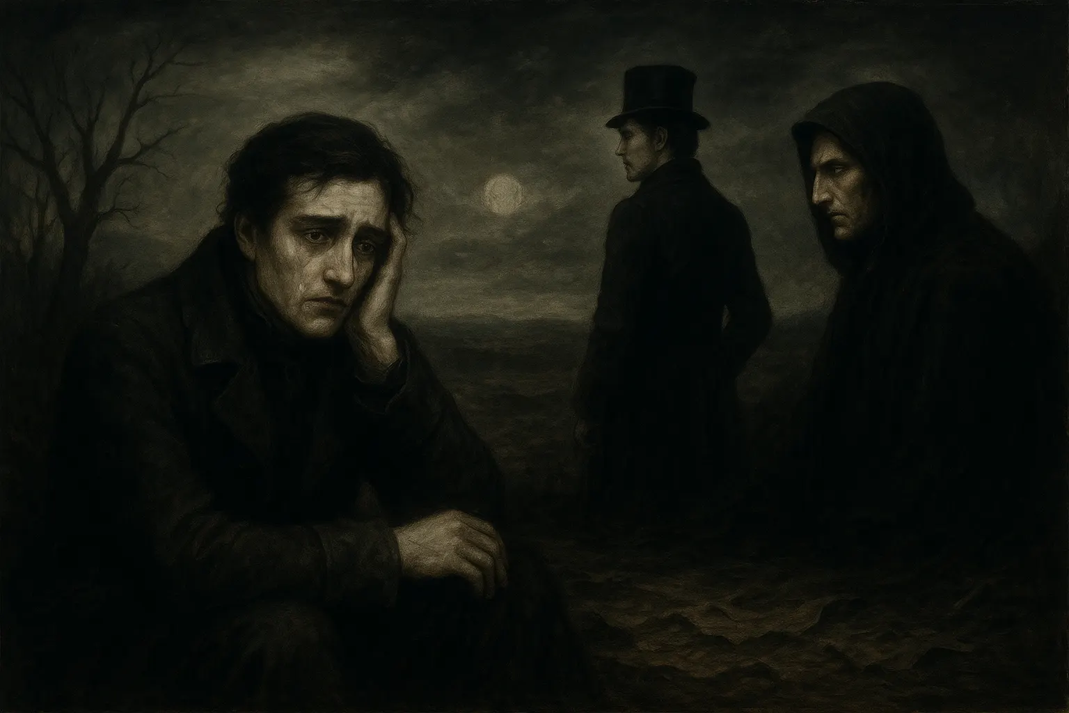 The First Whisper 1 Gothic oil painting of three sorrowful men in a desolate moonlit landscape, symbolizing heartbreak and despair.
