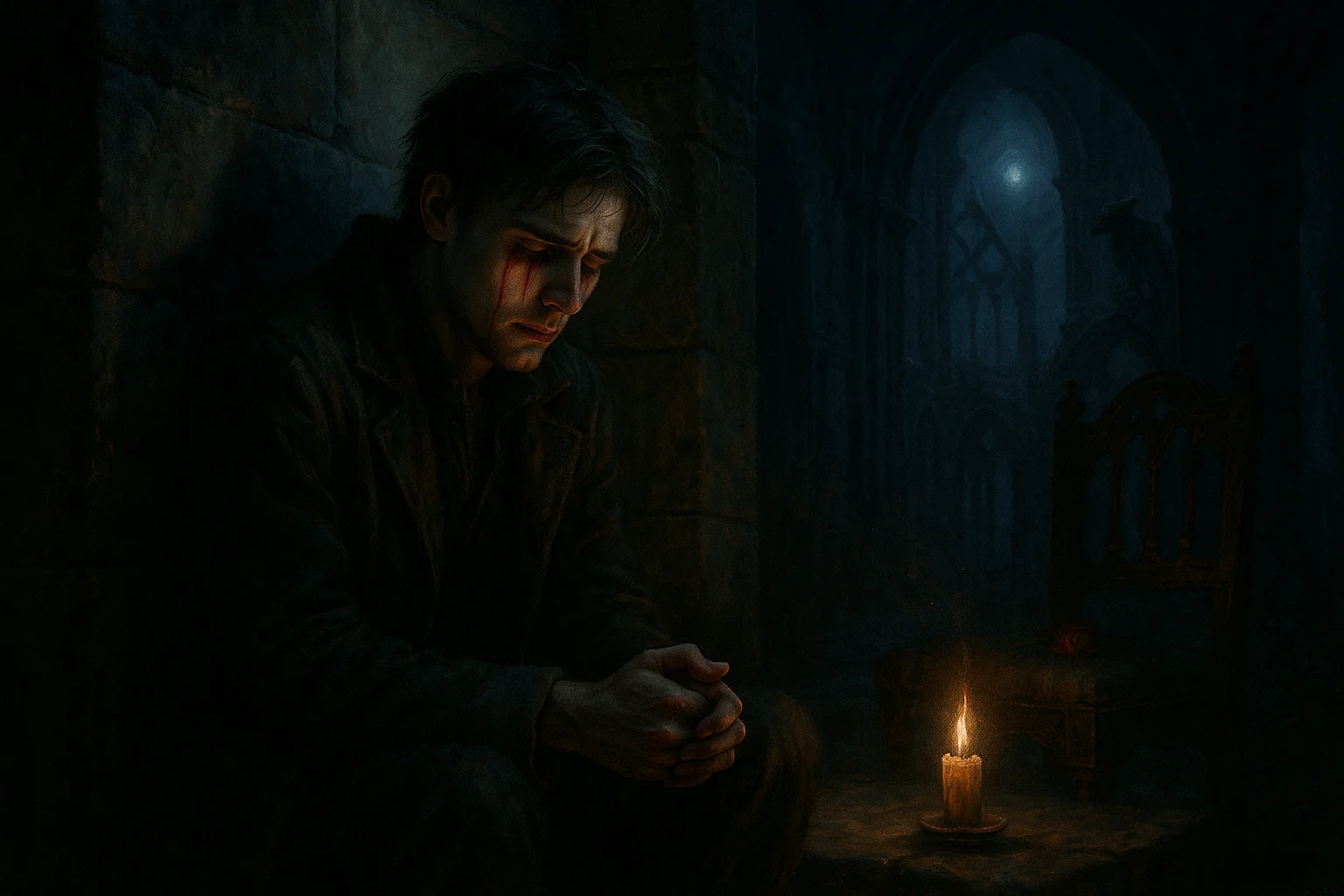 A man sits in sorrow beside a flickering candle in a dark gothic chamber, red tears on his face